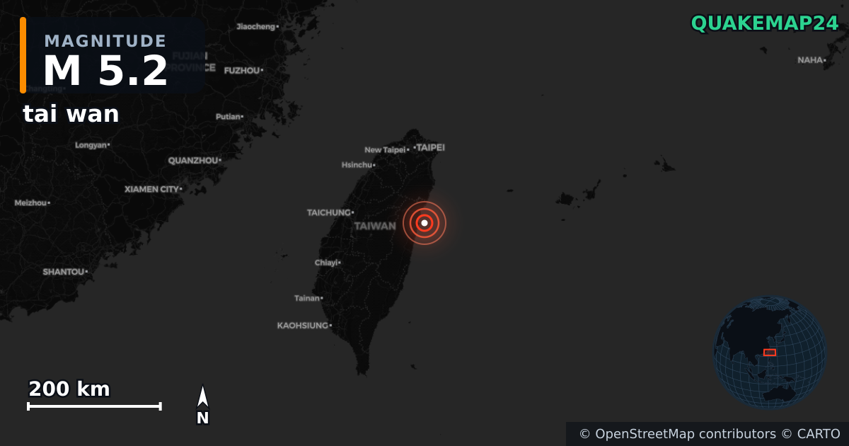 M5.2 earthquake near tai wan on Apr 4, 2026 — map of epicenter and shaking intensity | QuakeMap24
