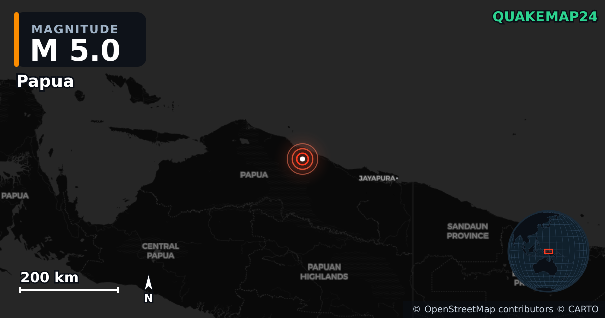 M5.0 earthquake near Papua on Aug 12, 2025 — map of epicenter and shaking intensity | QuakeMap24