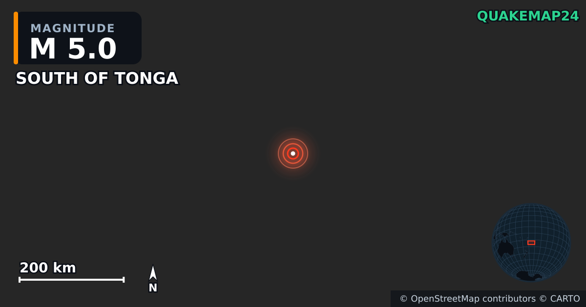 M5.0 earthquake near SOUTH OF TONGA on Jul 17, 2025 — map of epicenter and shaking intensity | QuakeMap24