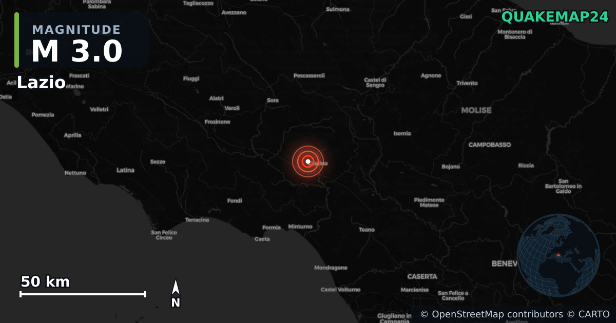 M3.0 earthquake near Lazio on Aug 26, 2025 — map of epicenter and shaking intensity | QuakeMap24