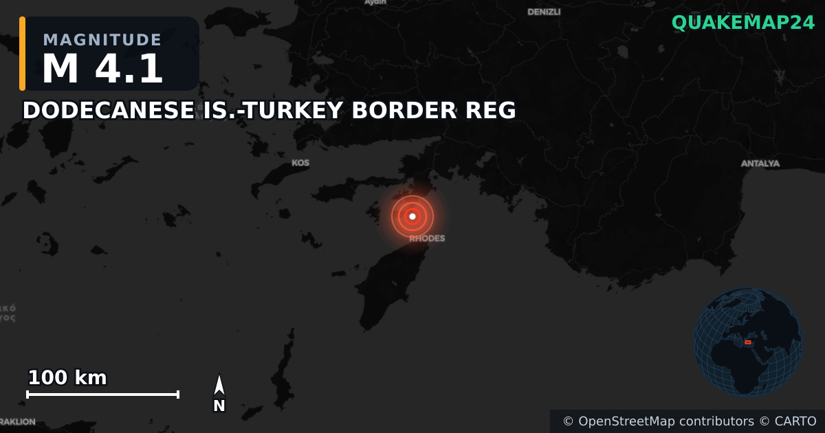 M4.1 earthquake near DODECANESE IS.-TURKEY BORDER REG on Apr 30, 2025 — map of epicenter and shaking intensity | QuakeMap24