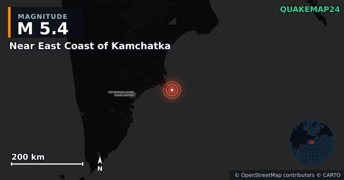 M5.4 earthquake near Near East Coast of Kamchatka on Oct 17, 2025 — map of epicenter and shaking intensity | QuakeMap24