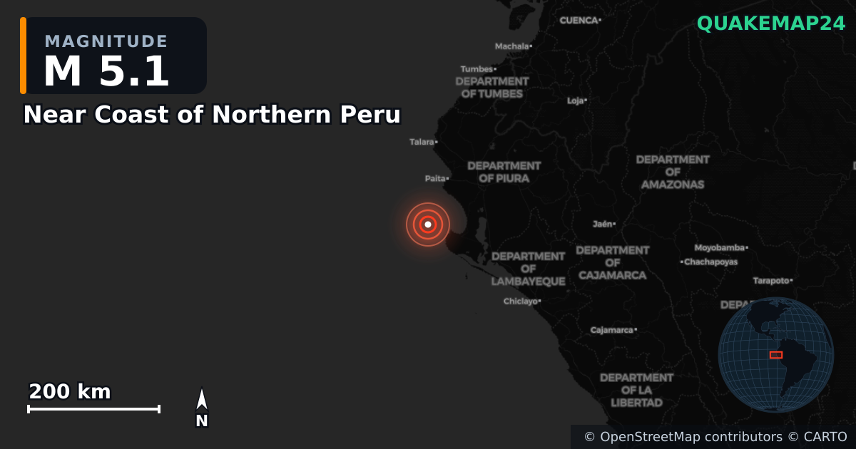 M5.1 earthquake near Near Coast of Northern Peru on Sep 16, 2025 — map of epicenter and shaking intensity | QuakeMap24