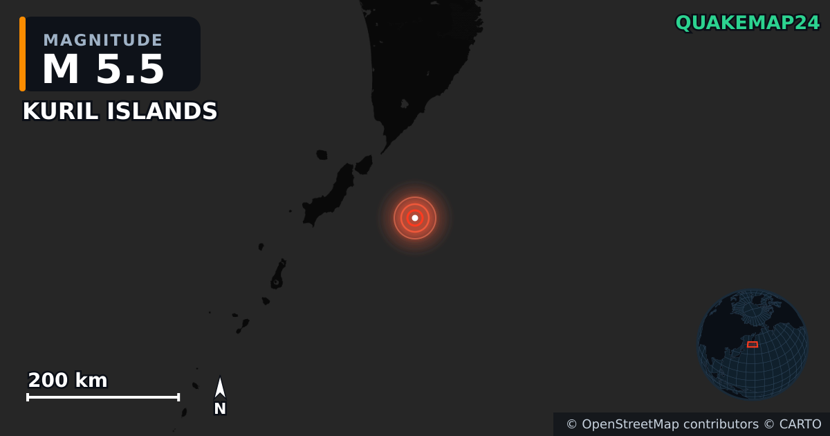 M5.5 earthquake near KURIL ISLANDS on Jul 30, 2025 — map of epicenter and shaking intensity | QuakeMap24