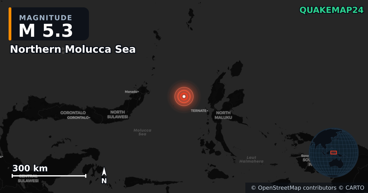 Erdbeben M5,3 bei Northern Molucca Sea — Karte der Lage des Epizentrums