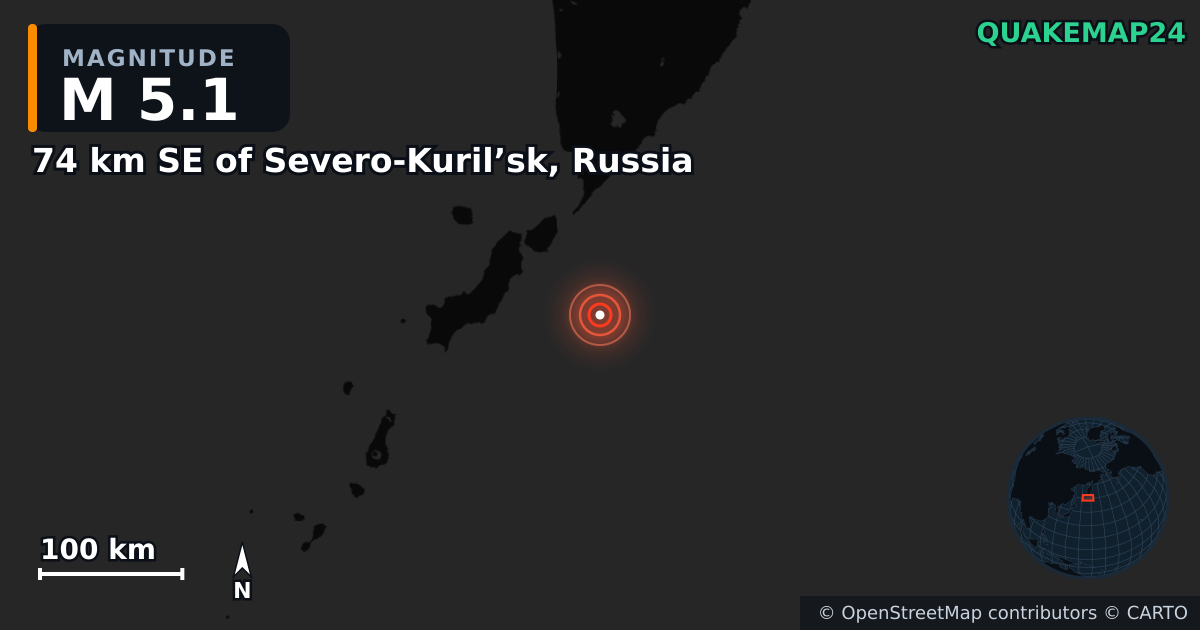 M5.1 earthquake near 74 km SE of Severo-Kuril’sk, Russia on Aug 11, 2025 — map of epicenter and shaking intensity | QuakeMap24