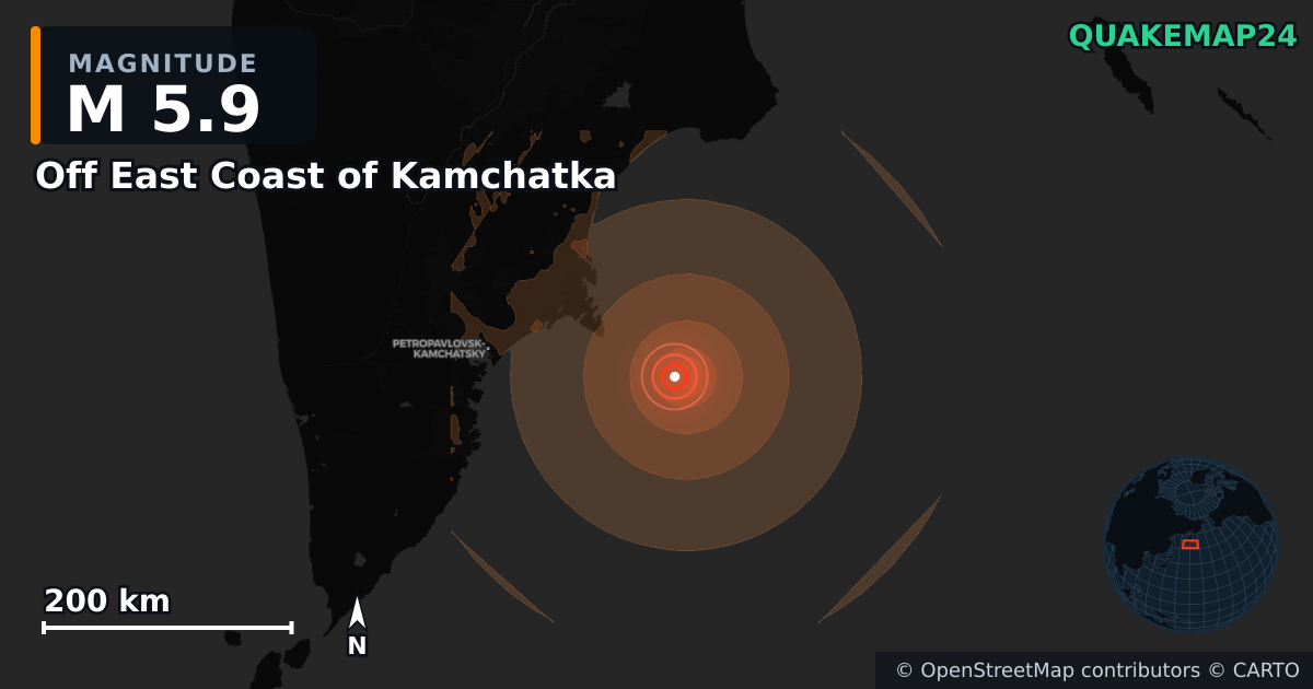 M5.9 earthquake near Off East Coast of Kamchatka on Jun 19, 2026 — map of epicenter and shaking intensity | QuakeMap24