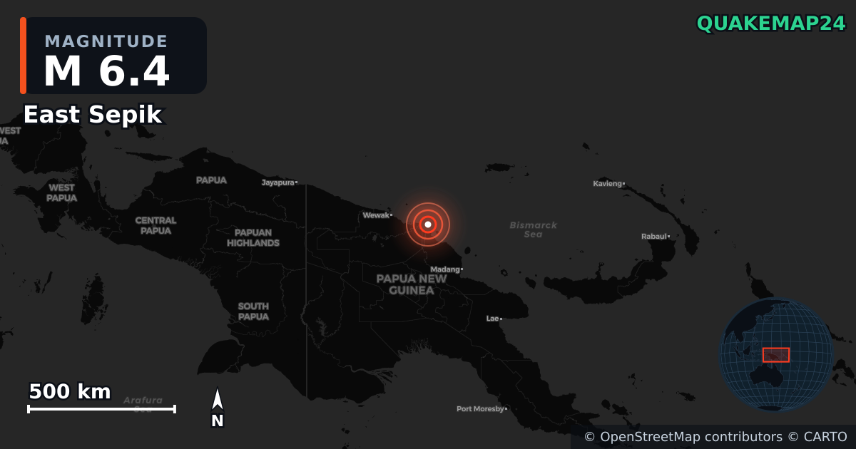 M6.4 earthquake near East Sepik on May 20, 2025 — map of epicenter and shaking intensity | QuakeMap24
