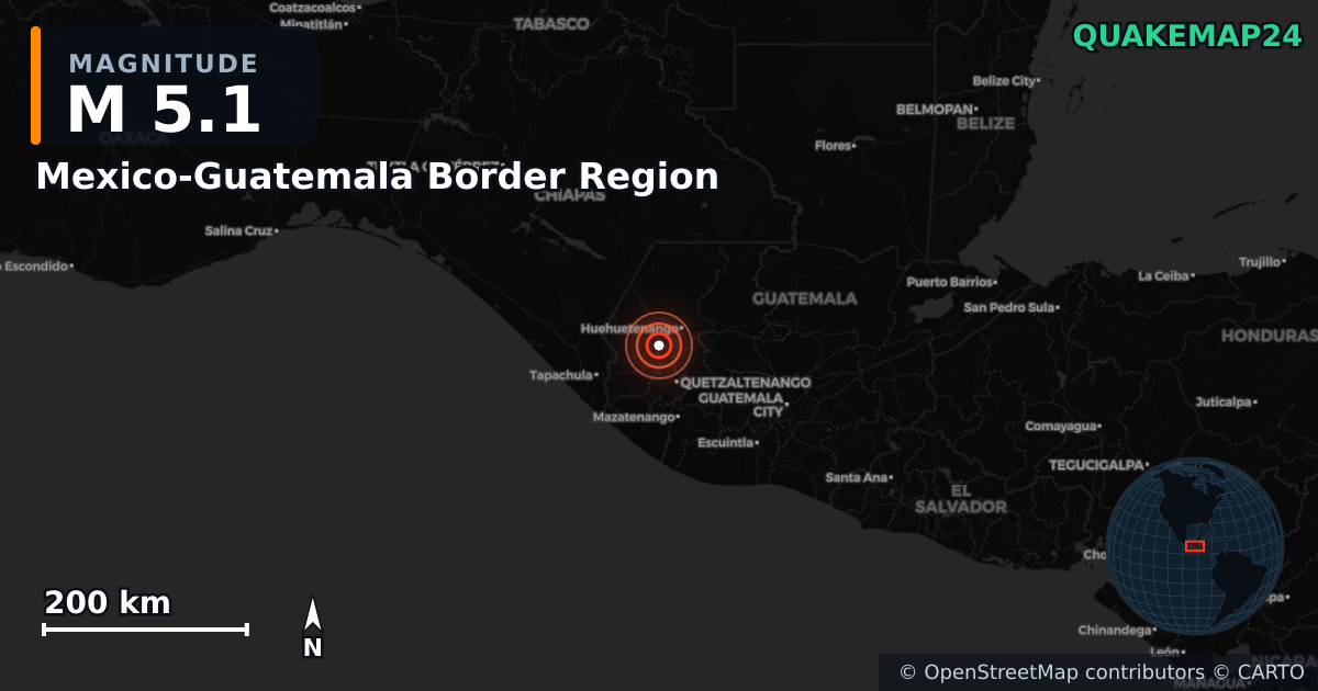 Erdbeben M5,1 bei Mexico-Guatemala Border Region — Karte der Lage des Epizentrums