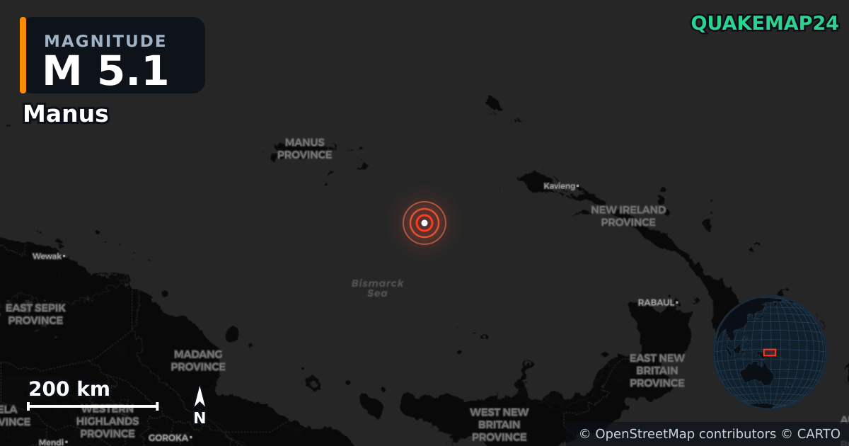 M5.1 earthquake near Manus on Oct 11, 2025 — map of epicenter and shaking intensity | QuakeMap24
