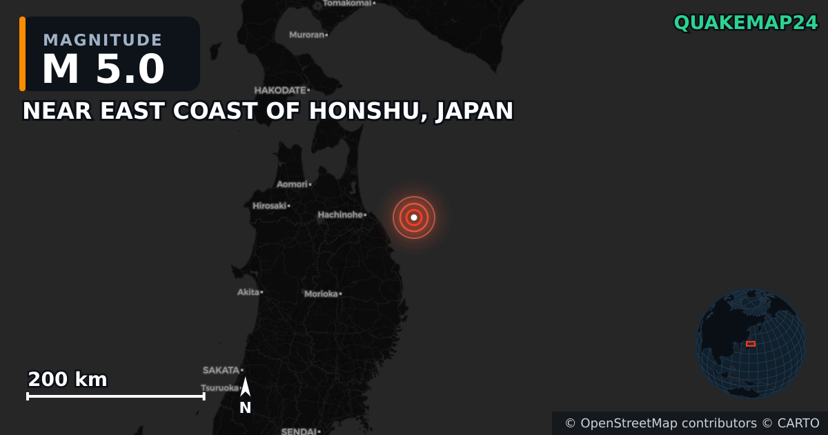 M5.0 earthquake near NEAR EAST COAST OF HONSHU, JAPAN on Jun 25, 2026 — map of epicenter and shaking intensity | QuakeMap24