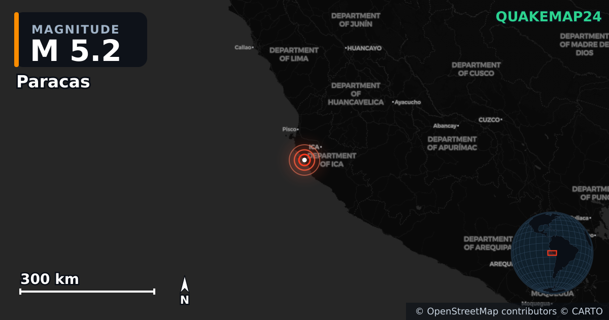 M5.2 earthquake near Paracas on Apr 25, 2026 — map of epicenter and shaking intensity | QuakeMap24