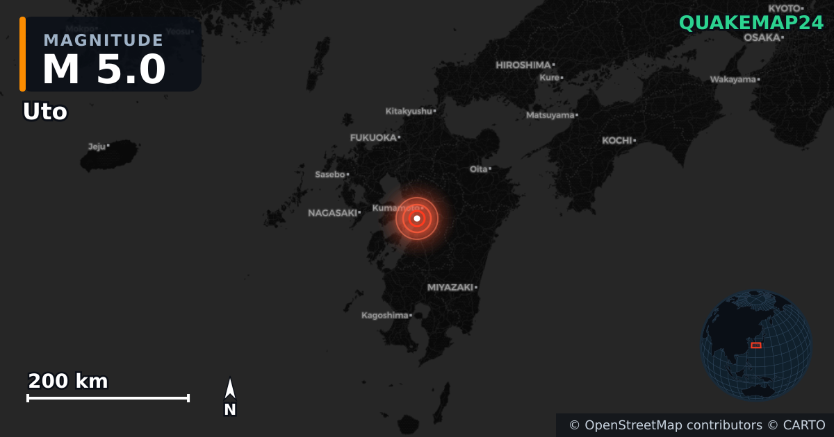 M5.0 earthquake near Uto on Jul 30, 2026 — map of epicenter and shaking intensity | QuakeMap24