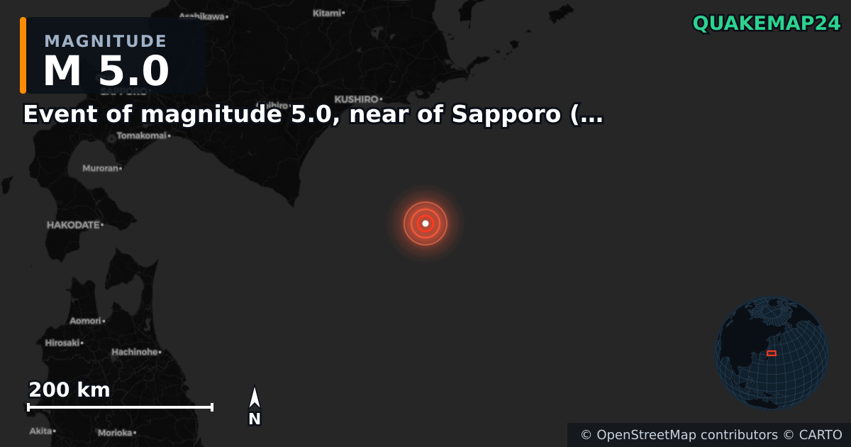 M5.0 earthquake near Event of magnitude 5.0, near of Sapporo (Monde) on Nov 6, 2025 — map of epicenter and shaking intensity | QuakeMap24