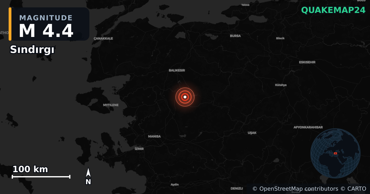 M4.4 earthquake near Sındırgı on Aug 22, 2025 — map of epicenter and shaking intensity | QuakeMap24