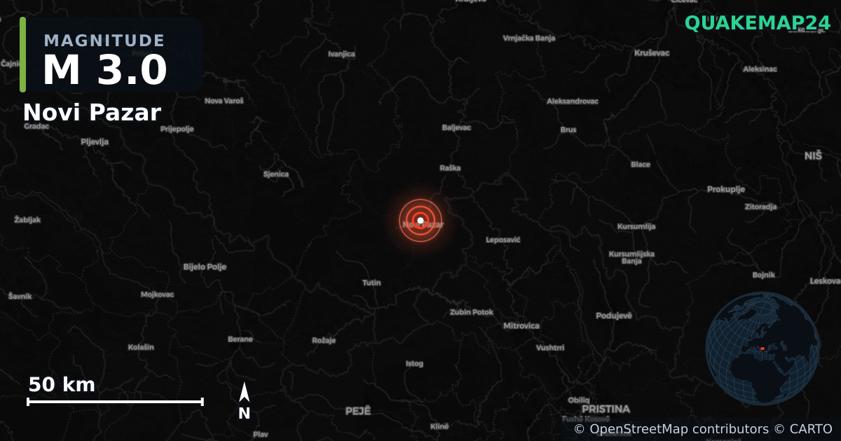 M3.0 earthquake near Novi Pazar on Aug 20, 2026 — map of epicenter and shaking intensity | QuakeMap24
