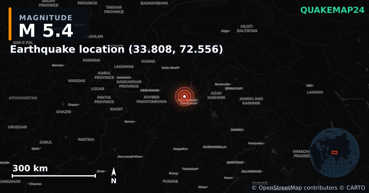 M5.4 earthquake near Earthquake location (33.808, 72.556) on Apr 12, 2025 — map of epicenter and shaking intensity | QuakeMap24