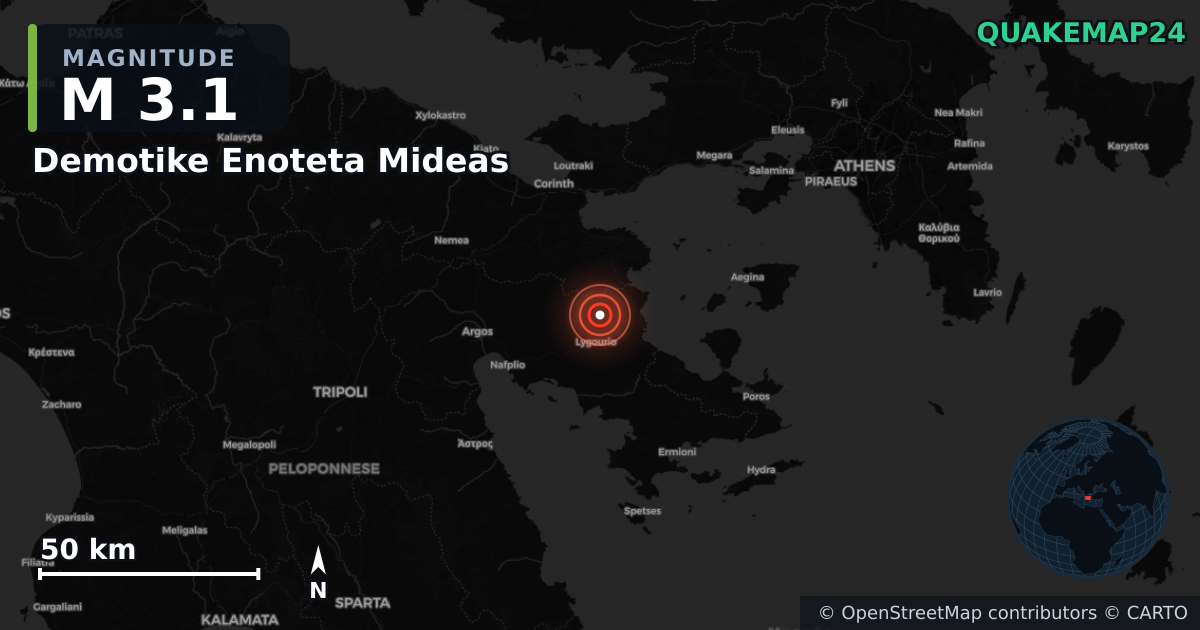 M3.1 earthquake near Demotike Enoteta Mideas on Oct 31, 2025 — map of epicenter and shaking intensity | QuakeMap24