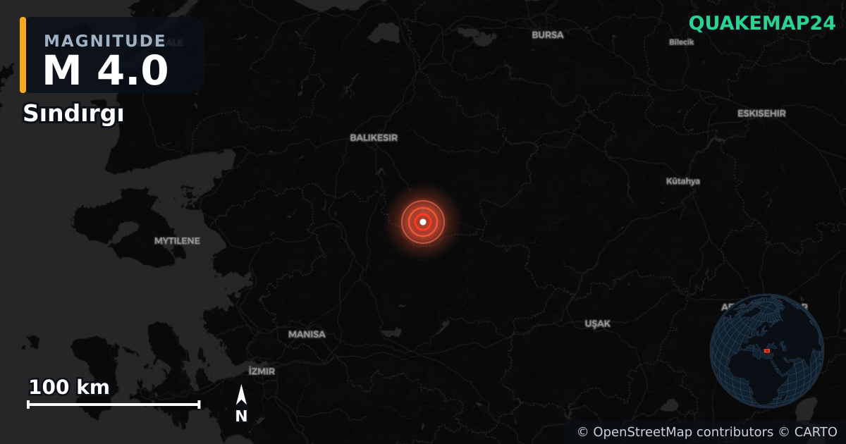 M4.0 earthquake near Sındırgı on Aug 23, 2025 — map of epicenter and shaking intensity | QuakeMap24