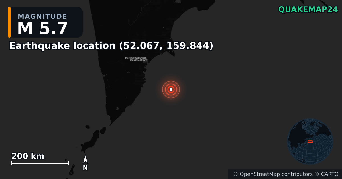M5.7 earthquake near Earthquake location (52.067, 159.844) on Sep 12, 2025 — map of epicenter and shaking intensity | QuakeMap24