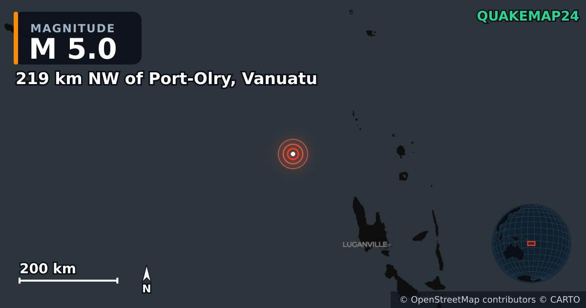 219 km NW of Port-Olry, Vanuatu yakınında M5,0 deprem · 2026-10-24 — Deprem merkez üssünün konumunu gösteren harita