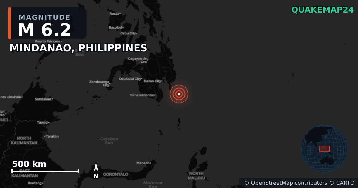 M6.2 Earthquake near MINDANAO, PHILIPPINES · 2026-06-15 — Map showing the location of the epicenter