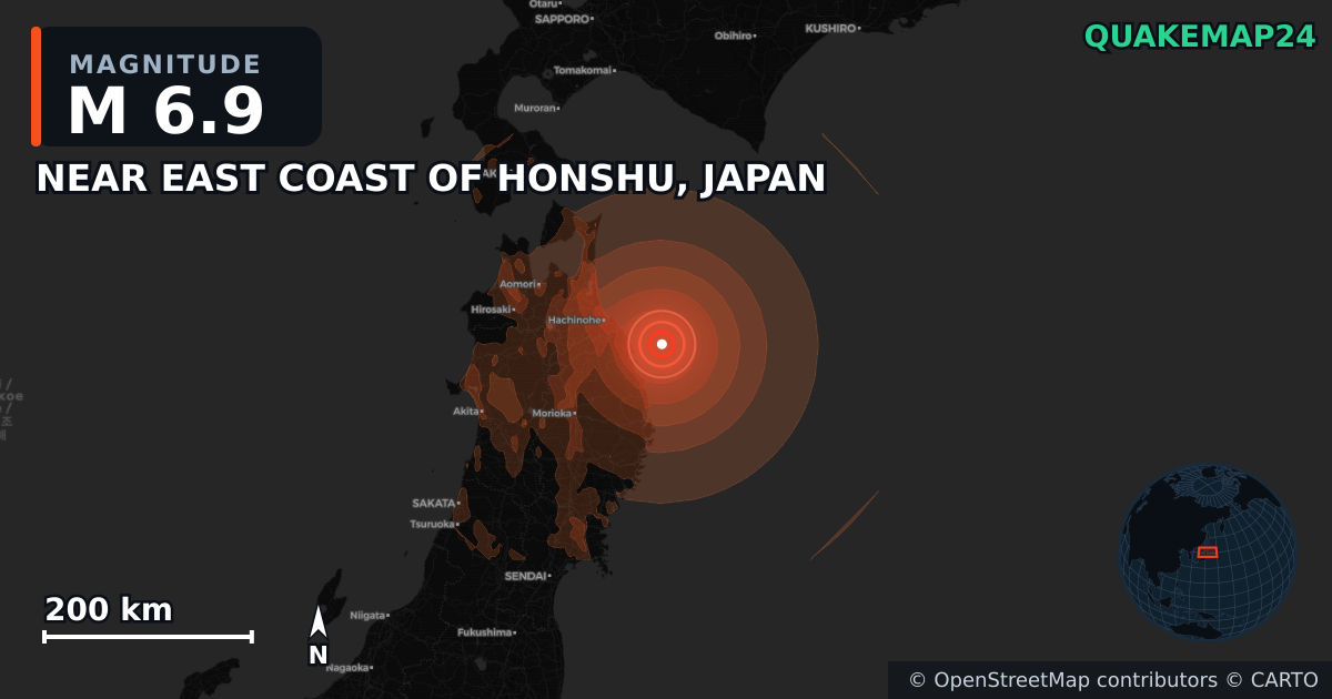 M6.9 earthquake near NEAR EAST COAST OF HONSHU, JAPAN on Jun 24, 2026 — map of epicenter and shaking intensity | QuakeMap24