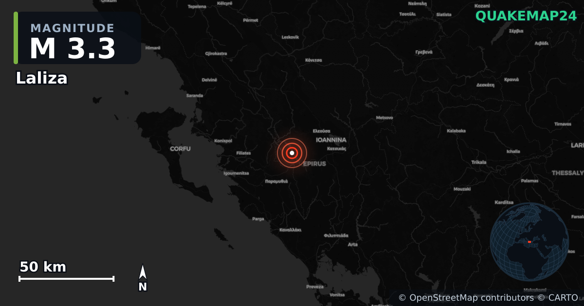 M3.3 earthquake near Laliza on Aug 6, 2026 — map of epicenter and shaking intensity | QuakeMap24