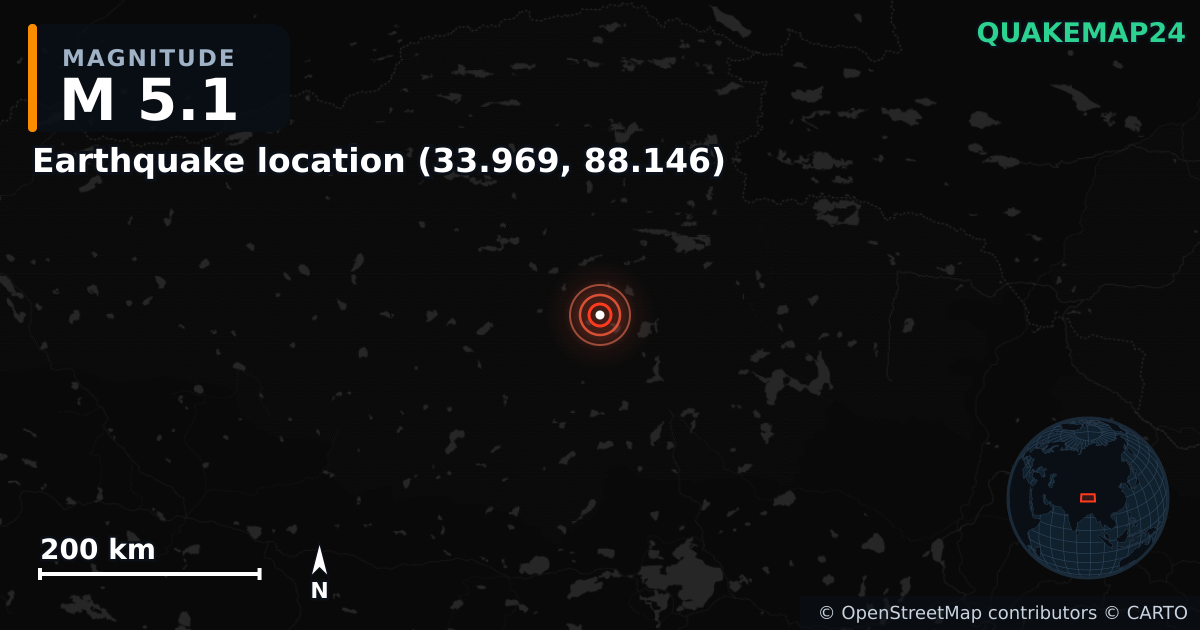 M5.1 earthquake near Deprem konumu (33.969, 88.146) on Dec 11, 2025 — map of epicenter and shaking intensity | QuakeMap24