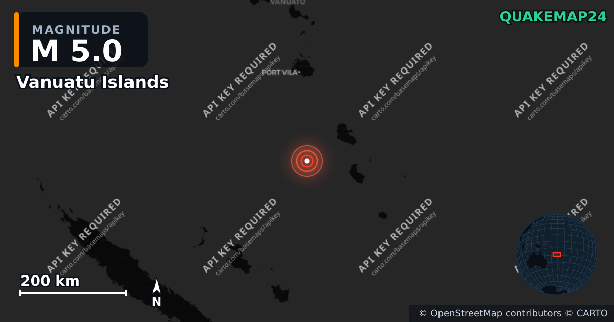 M5.0 earthquake near Vanuatu Islands on Jun 17, 2026 — map of epicenter and shaking intensity | QuakeMap24