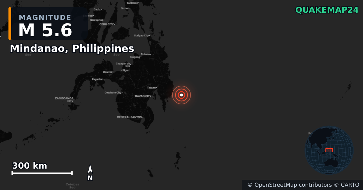 M5.6 earthquake near Mindanao, Philippines on Oct 10, 2025 — map of epicenter and shaking intensity | QuakeMap24