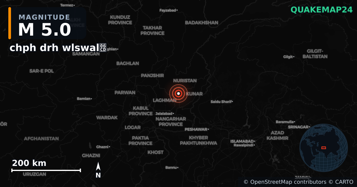M5.0 earthquake near chph drh wlswalۍ on Sep 5, 2025 — map of epicenter and shaking intensity | QuakeMap24