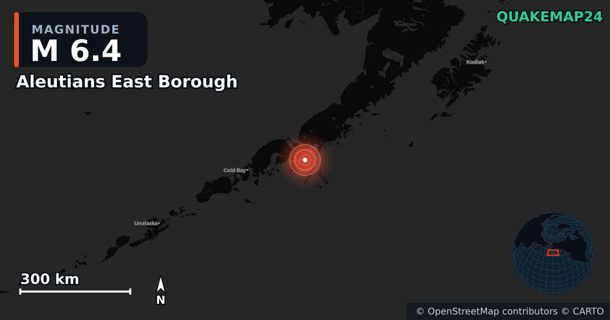 M6.4 earthquake near Aleutians East Borough on Jul 16, 2025 — map of epicenter and shaking intensity | QuakeMap24