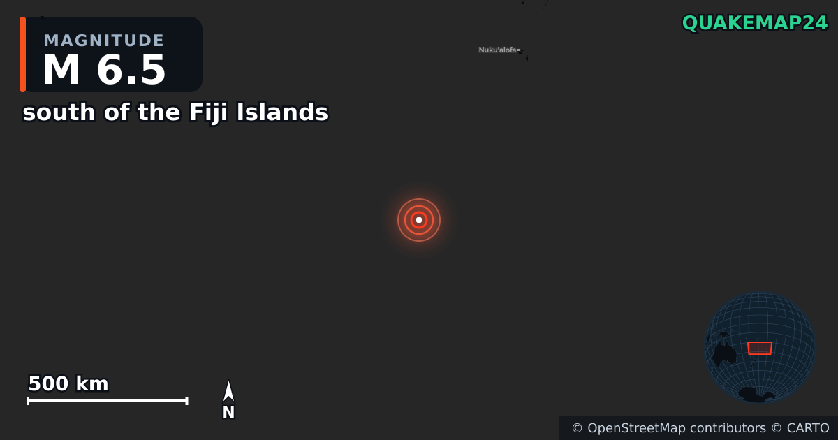 M6.5 earthquake near south of the Fiji Islands on Apr 13, 2025 — map of epicenter and shaking intensity | QuakeMap24