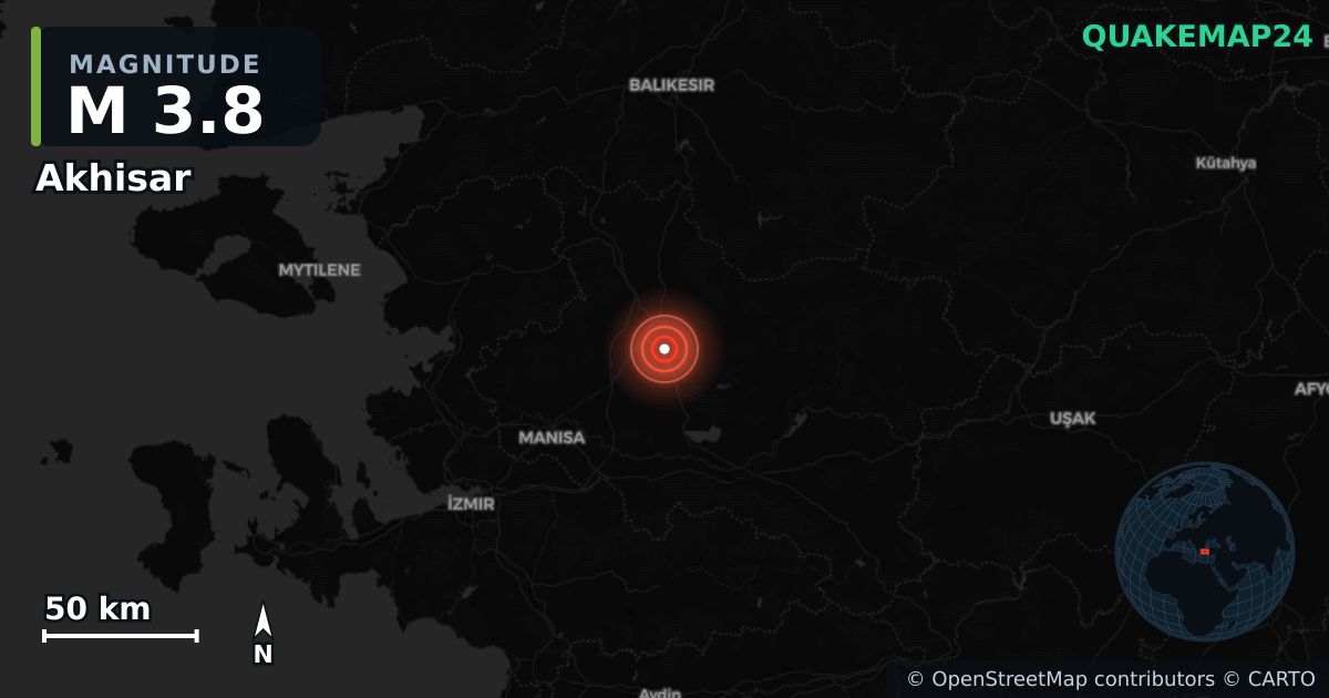 M3.8 earthquake near Akhisar on Aug 11, 2025 — map of epicenter and shaking intensity | QuakeMap24