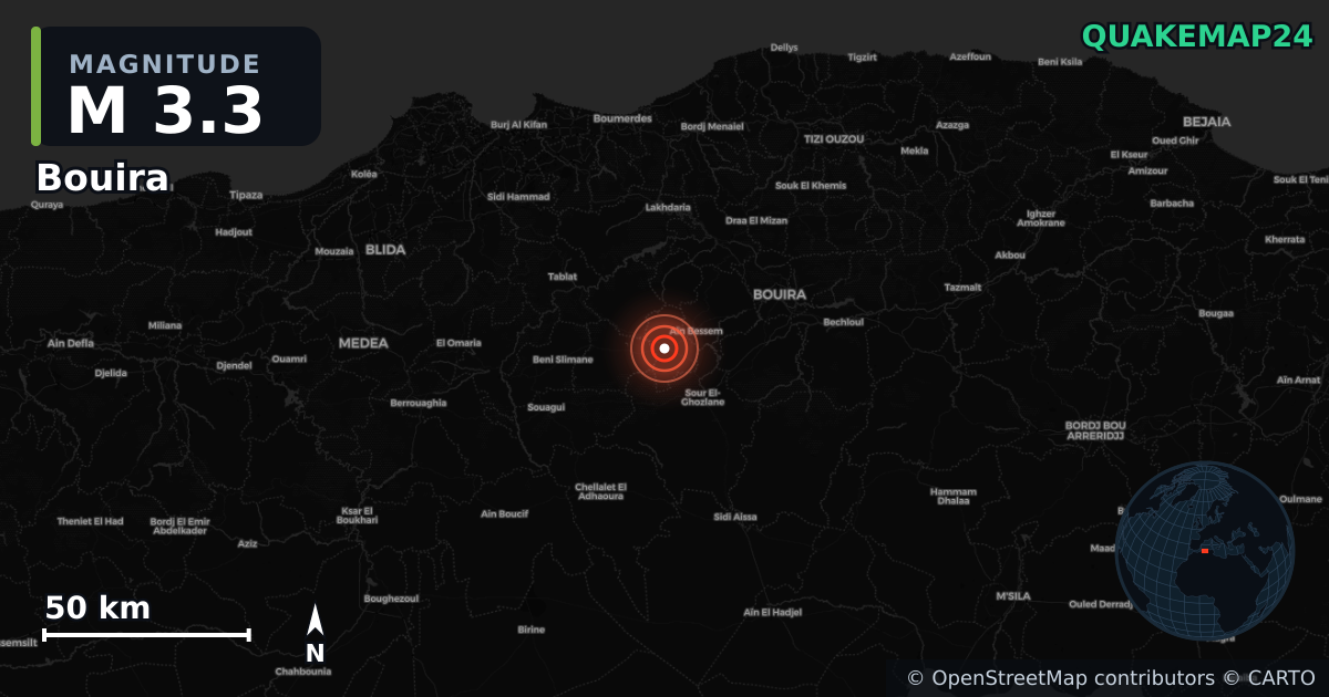 M3.3 earthquake near Bouira on Oct 18, 2025 — map of epicenter and shaking intensity | QuakeMap24