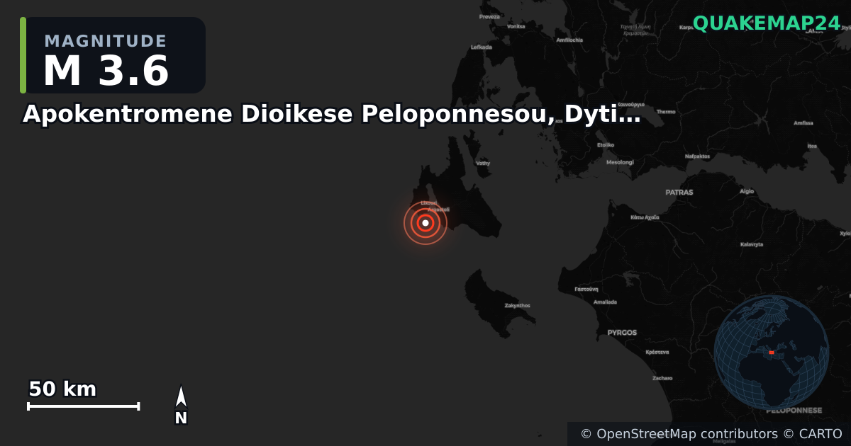 M3.6 earthquake near Apokentromene Dioikese Peloponnesou, Dytikes Elladas kai Ioniou on May 10, 2025 — map of epicenter and shaking intensity | QuakeMap24