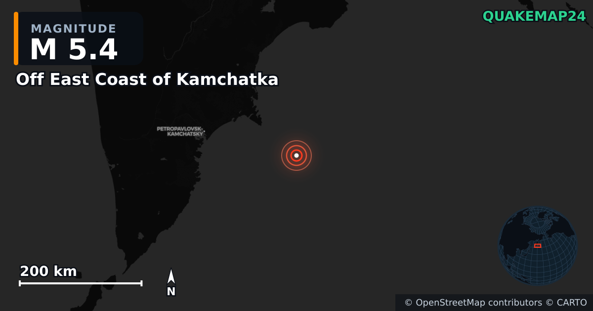 M5.4 earthquake near Off East Coast of Kamchatka on Sep 19, 2025 — map of epicenter and shaking intensity | QuakeMap24