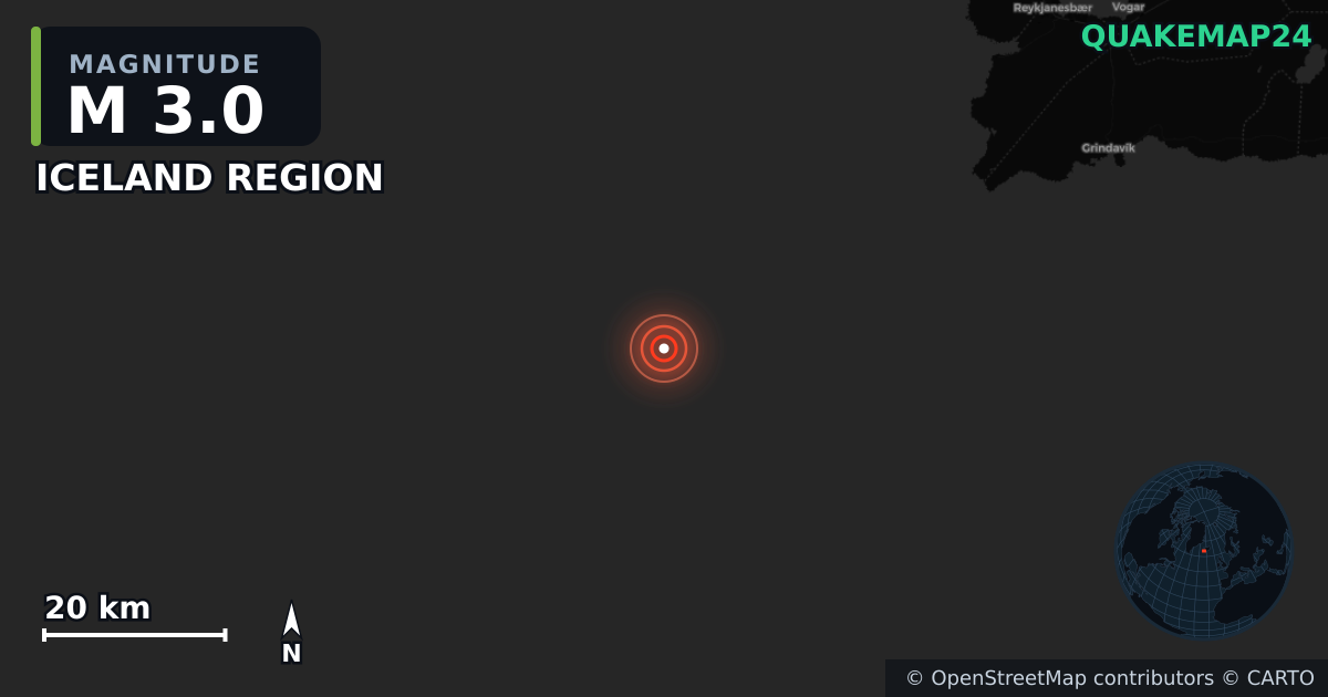 M3.0 earthquake near ICELAND REGION on Mar 23, 2026 — map of epicenter and shaking intensity | QuakeMap24