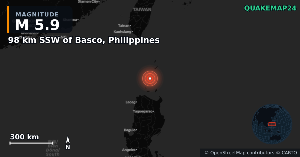 M5.9 earthquake near 98 km SSW of Basco, Philippines on Jul 20, 2025 — map of epicenter and shaking intensity | QuakeMap24