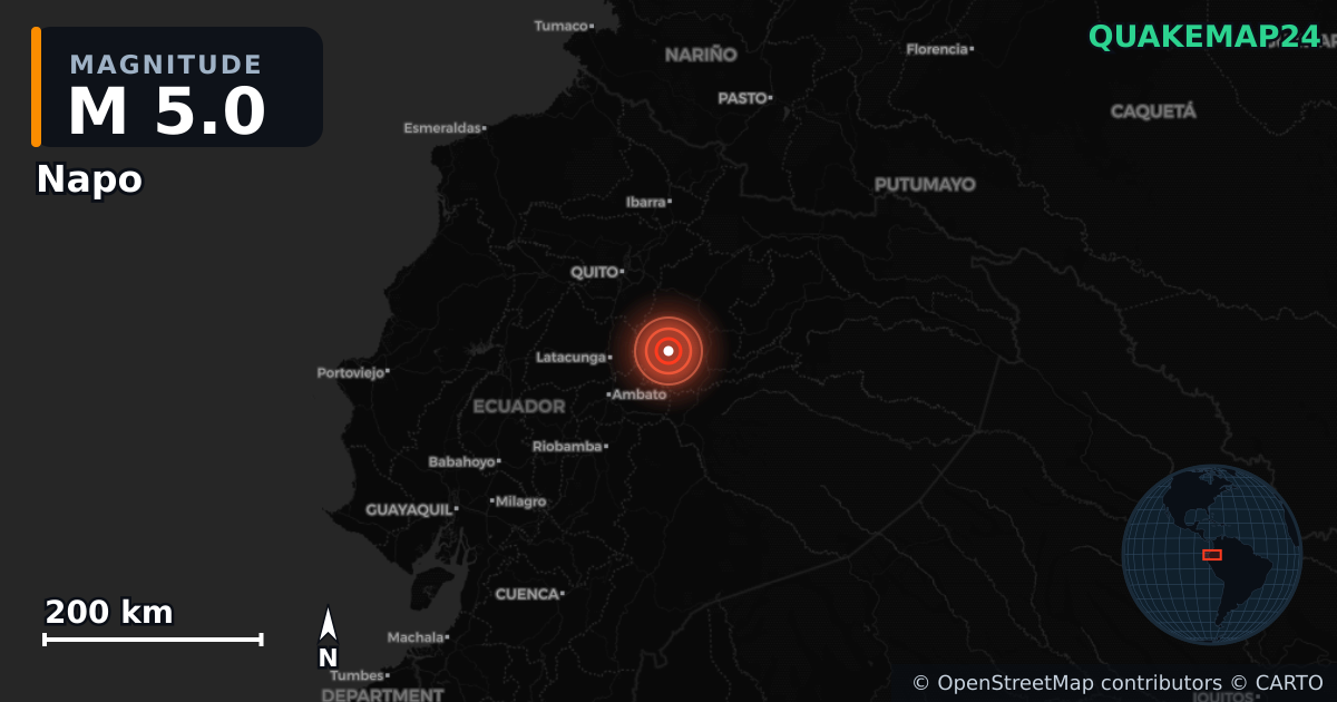 M5.0 earthquake near Napo on Jun 17, 2025 — map of epicenter and shaking intensity | QuakeMap24
