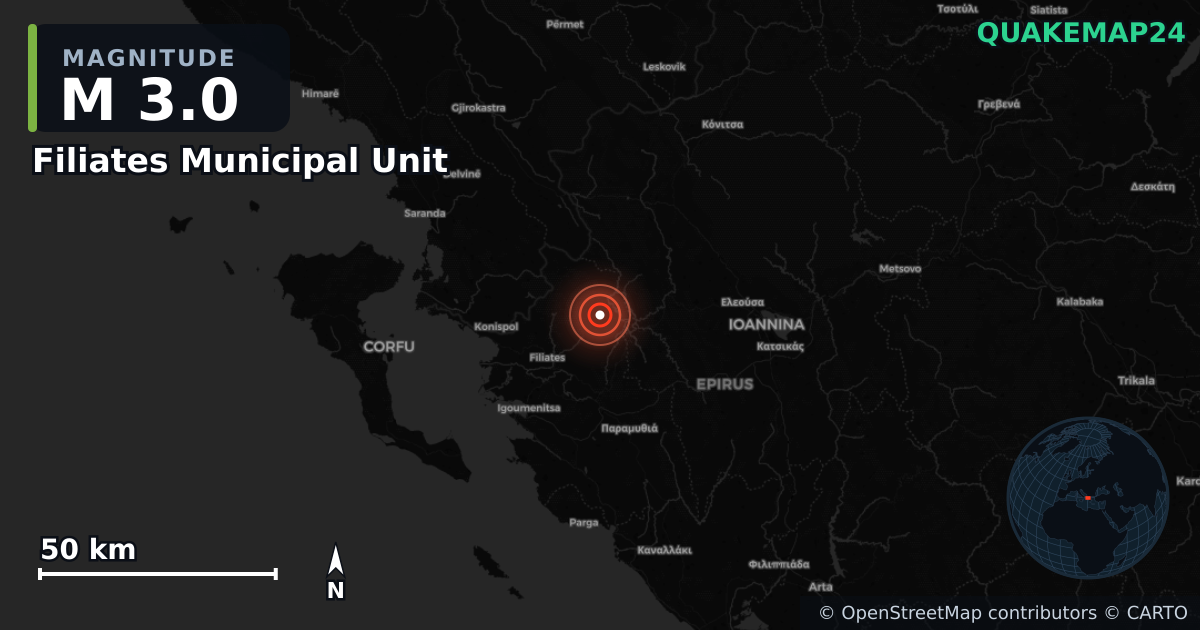 M3.0 earthquake near Filiates Municipal Unit on May 8, 2026 — map of epicenter and shaking intensity | QuakeMap24