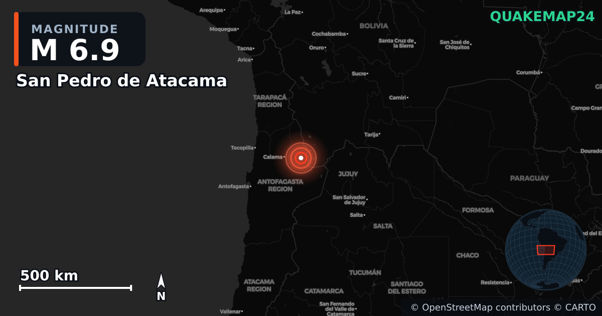 M6.9 earthquake near San Pedro de Atacama on May 25, 2026 — map of epicenter and shaking intensity | QuakeMap24