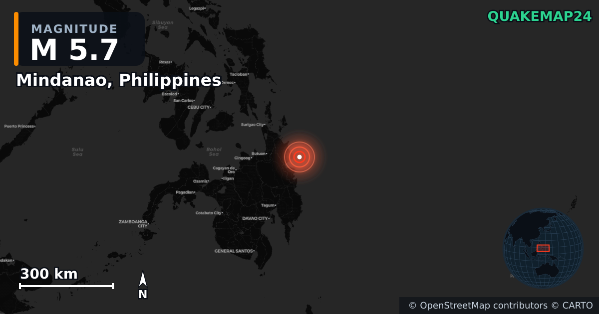 M5.7 earthquake near Mindanao, Philippines on Oct 18, 2025 — map of epicenter and shaking intensity | QuakeMap24