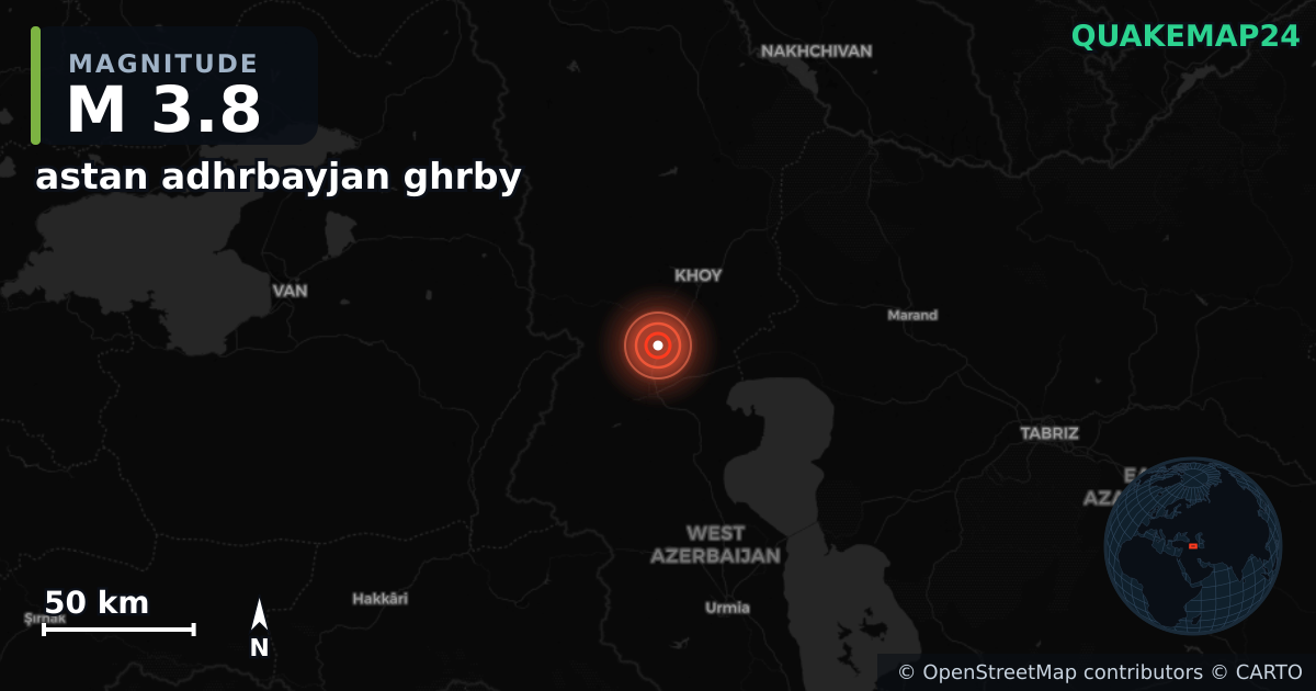 M3.8 earthquake near astan adhrbayjan ghrby on Sep 14, 2025 — map of epicenter and shaking intensity | QuakeMap24