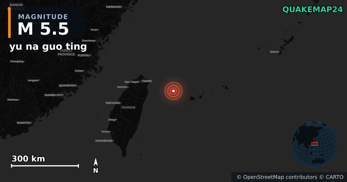 M5.5 earthquake near yu na guo ting on Aug 7, 2025 — map of epicenter and shaking intensity | QuakeMap24