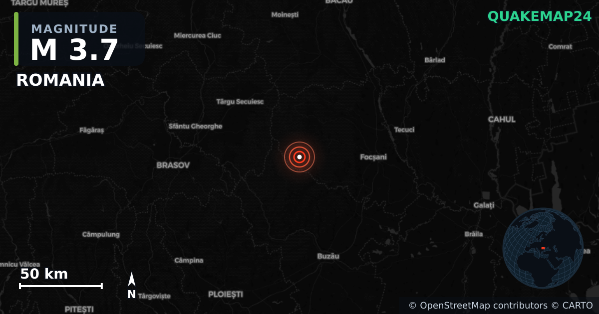 M3.7 earthquake near ROMANIA on Oct 16, 2025 — map of epicenter and shaking intensity | QuakeMap24