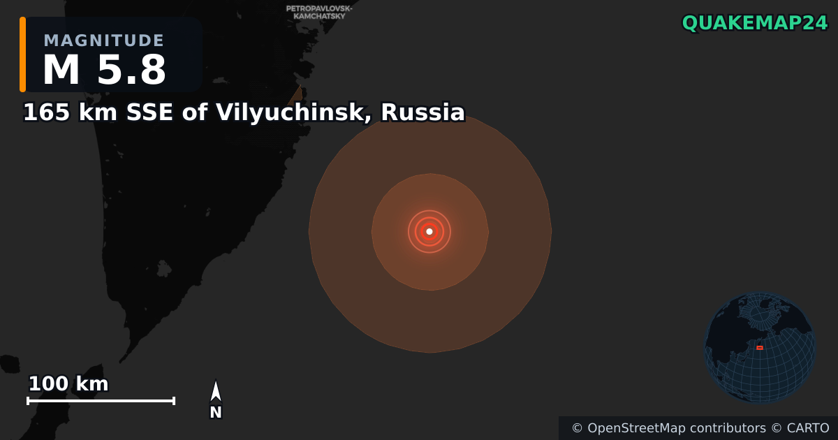 Erdbeben M5,8 bei 165 km SSE of Vilyuchinsk, Russia — Karte der Lage des Epizentrums