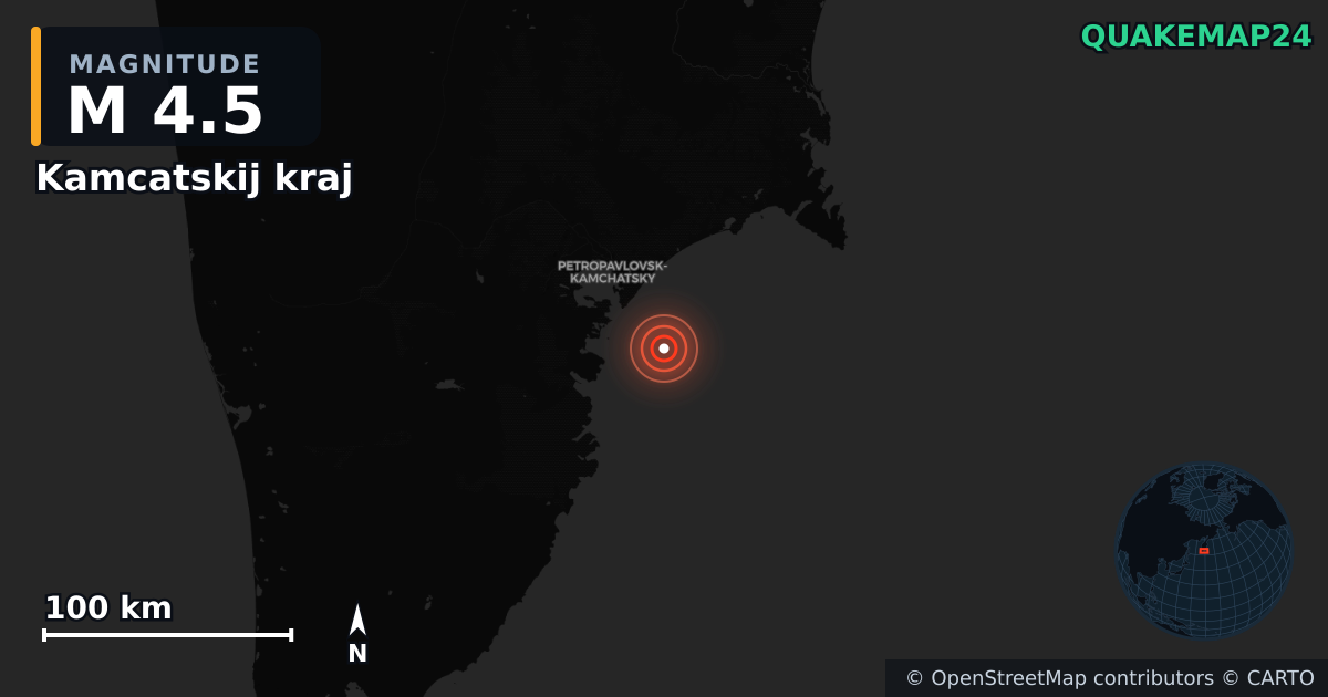 M4.5 earthquake near Kamcatskij kraj on Aug 17, 2025 — map of epicenter and shaking intensity | QuakeMap24