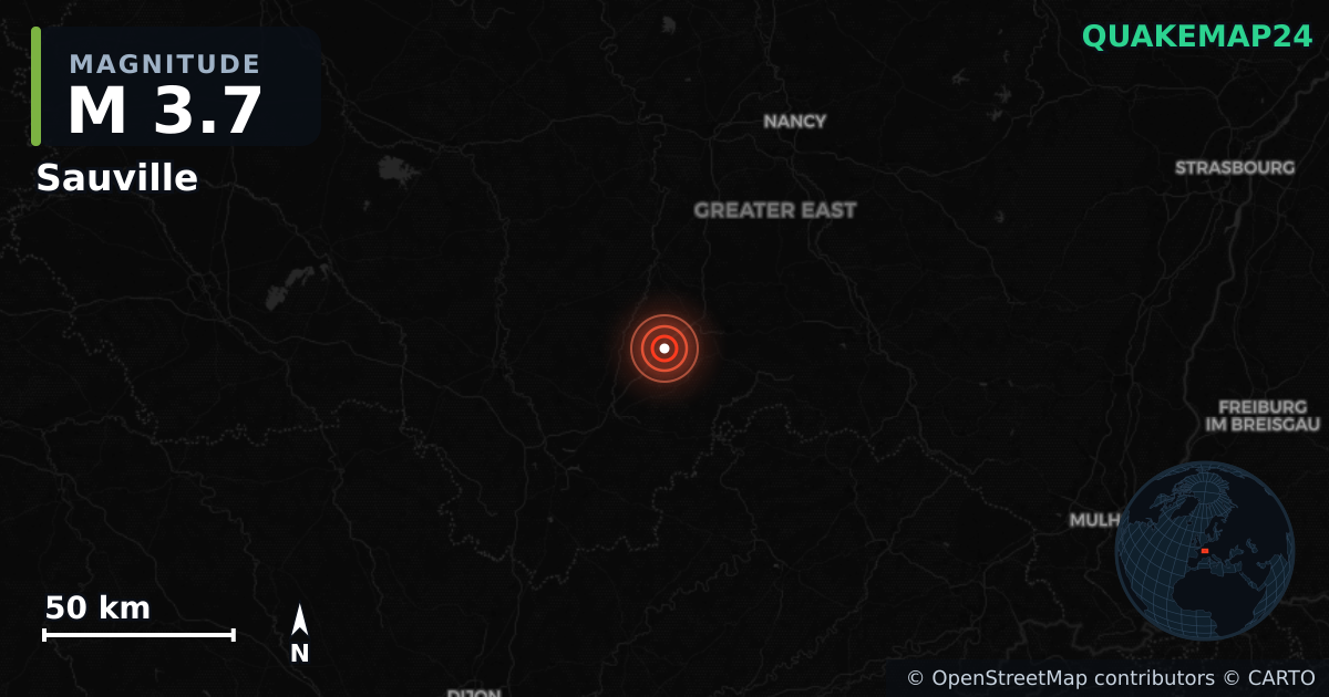 M3.7 earthquake near Sauville on Aug 13, 2026 — map of epicenter and shaking intensity | QuakeMap24